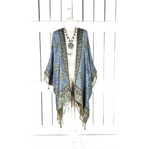 Grey blue paisley pashmina kimono cover up cardigan fringe jacket